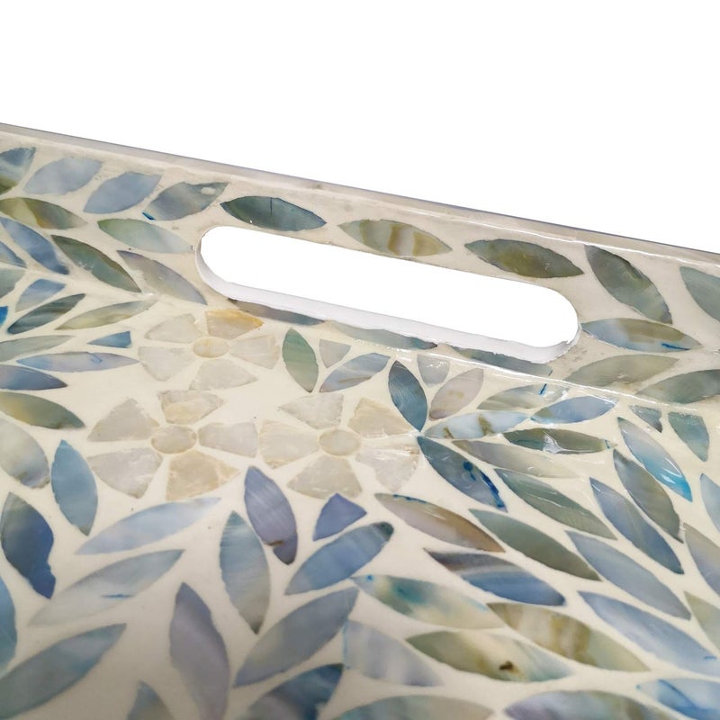 i-lan Creative Rectangular Mother of Pearl Severing Tray Lacquer Wooden Decorative Tray Handmade Shell Serving Tray with Handles and 2 Inch Side, Large Beige Blue Inlay Nacre Ottoman Tray (15.75") - Image 4